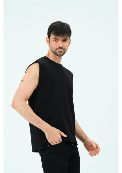 P-006689-ERKEK Kolsuz Oversize Esnek Pamuklu 2 Iplik Spor Sweat / T-Shirt/atlet-Siyah