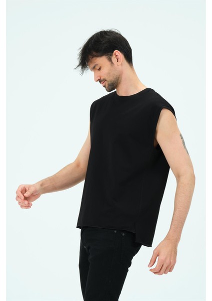 P-006689-ERKEK Kolsuz Oversize Esnek Pamuklu 2 Iplik Spor Sweat / T-Shirt/atlet-Siyah