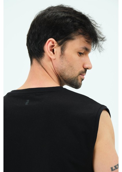 P-006689-ERKEK Kolsuz Oversize Esnek Pamuklu 2 Iplik Spor Sweat / T-Shirt/atlet-Siyah