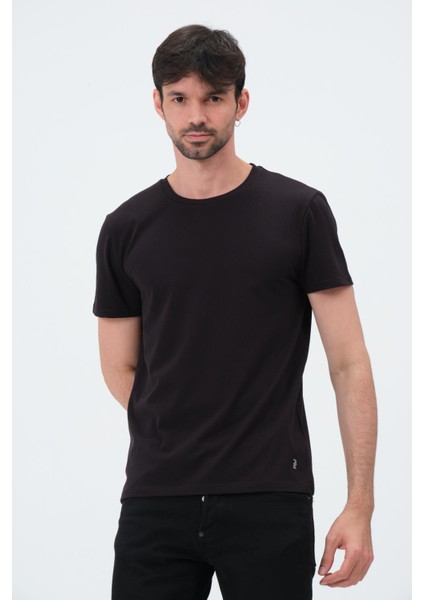 P-006681-ERKEK Slim Fit Bisiklet Yaka Kısa Kol Basic Casual Spor T-Shirt - Tişört-Siyah