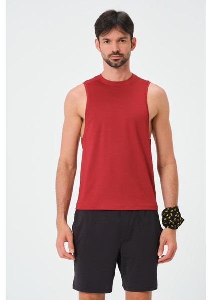 P-002999-ERKEK Askılı Bisiklet Yaka Sıfır Kol Casual Fitness Tişört Kolsuz Spor Atleti-Bordo