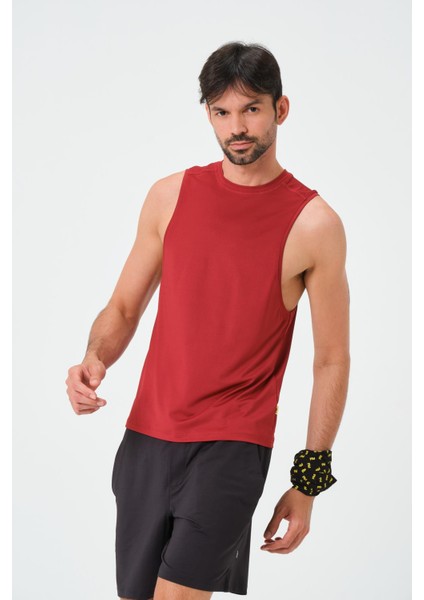 P-002999-ERKEK Askılı Bisiklet Yaka Sıfır Kol Casual Fitness Tişört Kolsuz Spor Atleti-Bordo