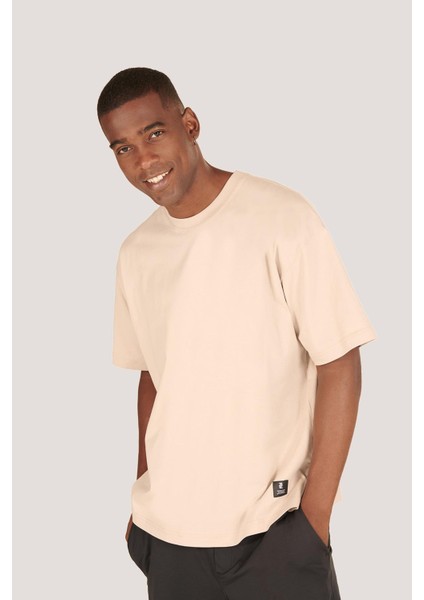 P-005654-ERKEK 100% Pamuklu Oversize Kısa Kol T-Shirt-Bej