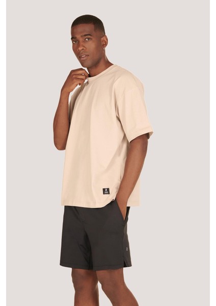 P-005654-ERKEK 100% Pamuklu Oversize Kısa Kol T-Shirt-Bej