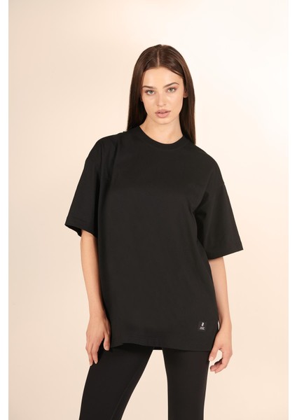 P-005478-KADIN 100% Pamuklu Oversize Kısa Kol T-Shirt-Siyah