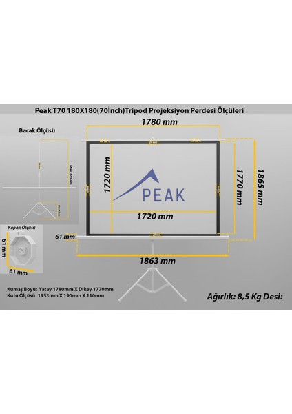 T70 180X180(70İnch)Tripod Projeksiyon Perdesi