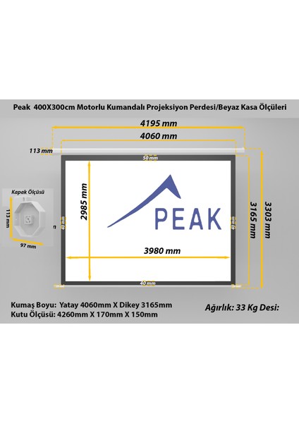 M200 400X300cm(200İnch) Motorlu Kumandalı Projeksiyon Perdesi-Beyaz Kasa