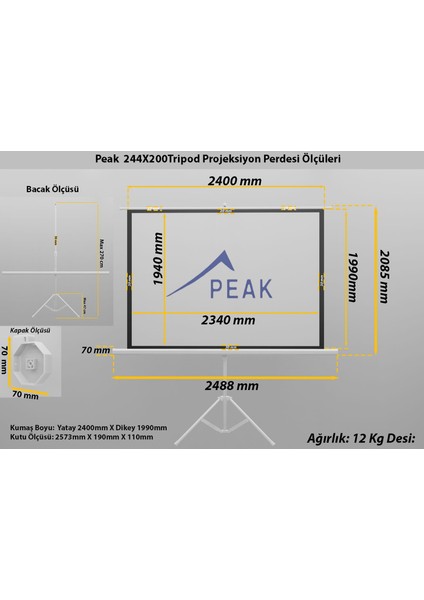 Ayaklı Taşınabilir Projeskiyon Perdesi Arkası Siyah Fonlu 120" 240 x 200 cm