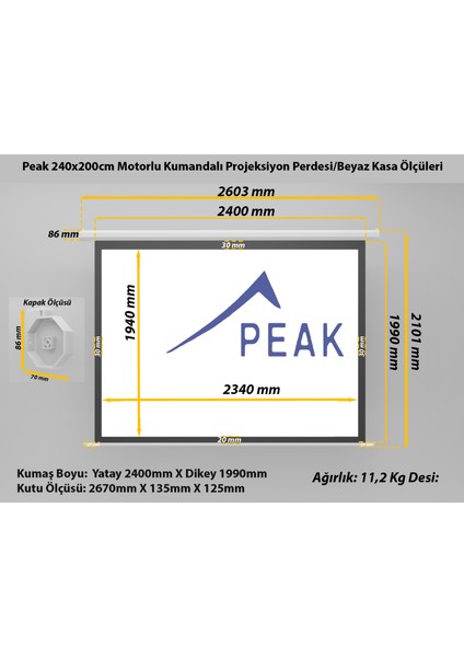 M120 240x200 cm Motorlu Kumandalı Projeksiyon Perdesi-Beyaz Kasa