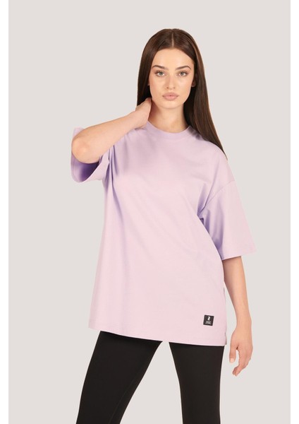 P-005478-KADIN 100% Pamuklu Oversize Kısa Kol T-Shirt-Lila