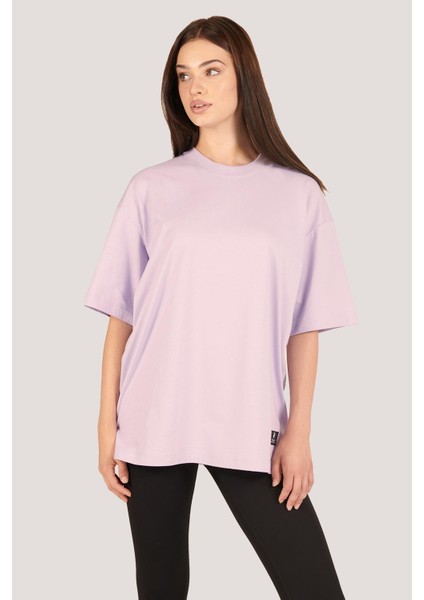 P-005478-KADIN 100% Pamuklu Oversize Kısa Kol T-Shirt-Lila