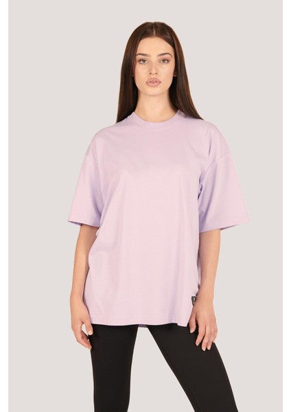 P-005478-KADIN 100% Pamuklu Oversize Kısa Kol T-Shirt-Lila