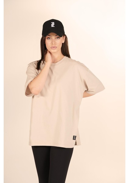 P-005478-KADIN 100% Pamuklu Oversize Kısa Kol T-Shirt-Bej