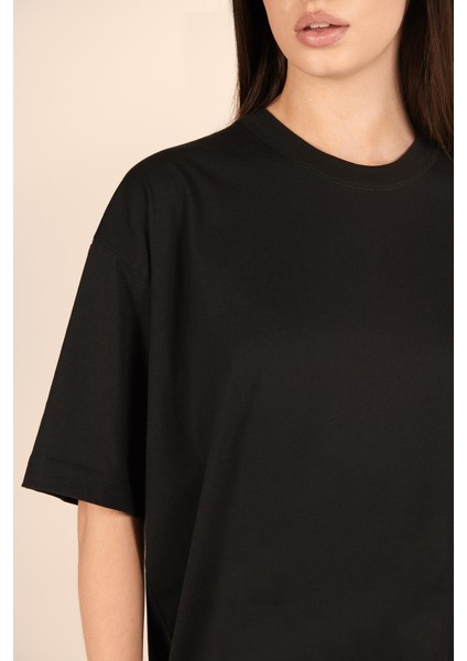 P-005478-KADIN 100% Pamuklu Oversize Kısa Kol T-Shirt-Siyah modelleri