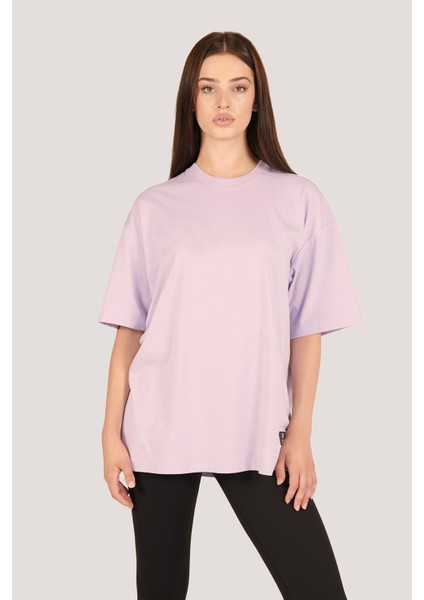 P-005478-KADIN 100% Pamuklu Oversize Kısa Kol T-Shirt-Lila modelleri