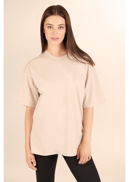 P-005478-KADIN 100% Pamuklu Oversize Kısa Kol T-Shirt-Bej