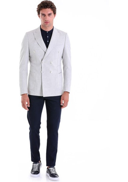 Hatem Saykı Gri Slim Fit Düz Sivri Yaka Kruvaze Keten Ceket