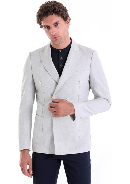 Hatem Saykı Gri Slim Fit Düz Sivri Yaka Kruvaze Keten Ceket modelleri