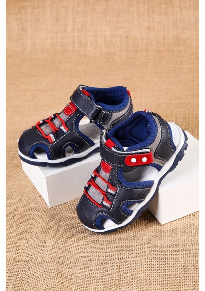 Burnu Kapalı Lacivert Gri Garnili Çocuk Sandalet