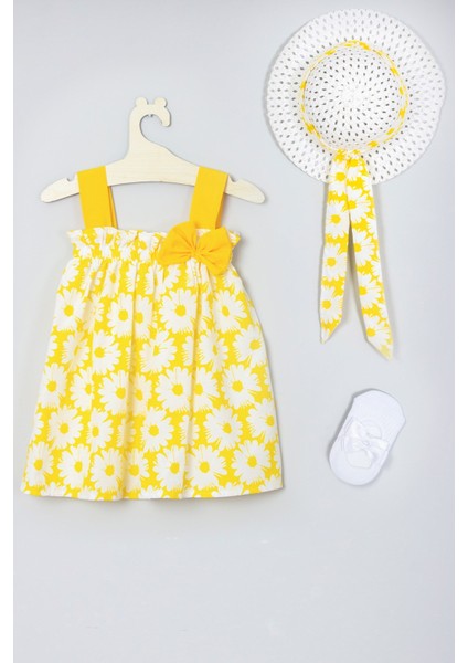 Şapkalı Çiçek Desenli Elbise Babet Çorap Set 010