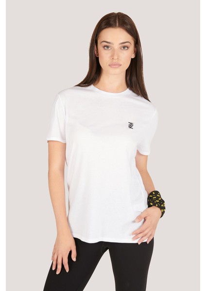 P-002994-KADIN %100 Pamuklu Bisiklet Yaka Kısa Kol Rahat Kesim Casual Spor T-Shirt - Tişört-Beyaz