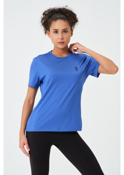 P-003000-KADIN Bisiklet Yaka Rahat Kesim Casual Nefes Alabilen Athletic Spor T-Shirt - Tişört-Mavi