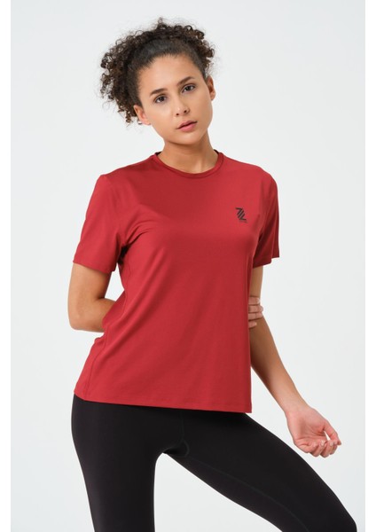 P-003000-KADIN Bisiklet Yaka Rahat Kesim Casual Nefes Alabilen Athletic Spor T-Shirt - Tişört-Bordo fiyatları