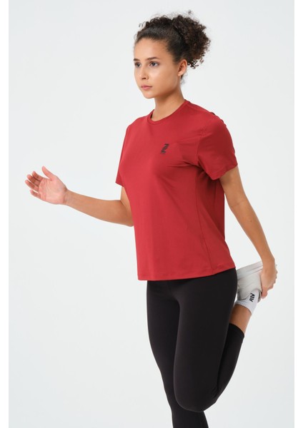P-003000-KADIN Bisiklet Yaka Rahat Kesim Casual Nefes Alabilen Athletic Spor T-Shirt - Tişört-Bordo fırsatları