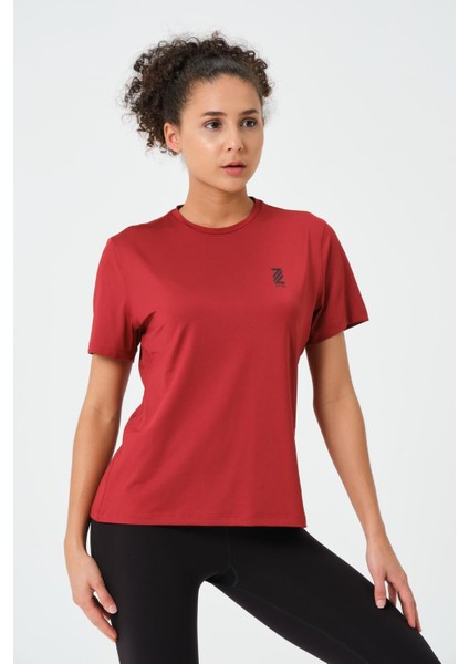 P-003000-KADIN Bisiklet Yaka Rahat Kesim Casual Nefes Alabilen Athletic Spor T-Shirt - Tişört-Bordo