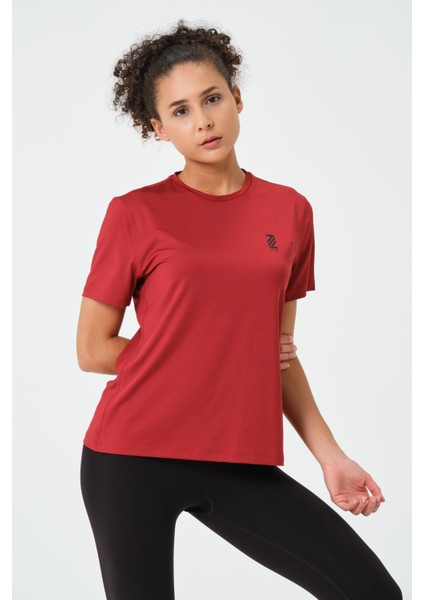 P-003000-KADIN Bisiklet Yaka Rahat Kesim Casual Nefes Alabilen Athletic Spor T-Shirt - Tişört-Bordo