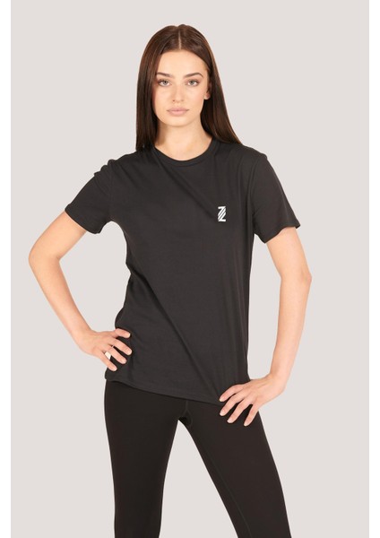 P-005962-KADIN %100 Pamuklu Bisiklet Yaka Kısa Kol Rahat Kesim Casual Spor T-Shirt - Tişört-Siyah