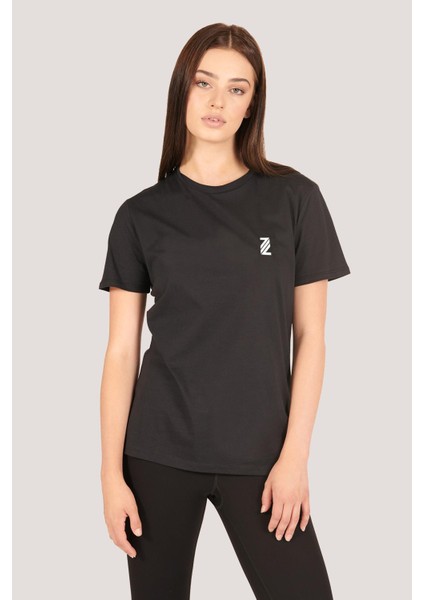 P-005962-KADIN %100 Pamuklu Bisiklet Yaka Kısa Kol Rahat Kesim Casual Spor T-Shirt - Tişört-Siyah