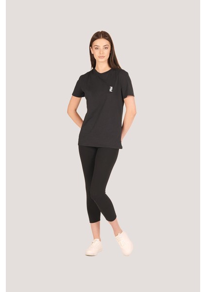 P-005962-KADIN %100 Pamuklu Bisiklet Yaka Kısa Kol Rahat Kesim Casual Spor T-Shirt - Tişört-Siyah