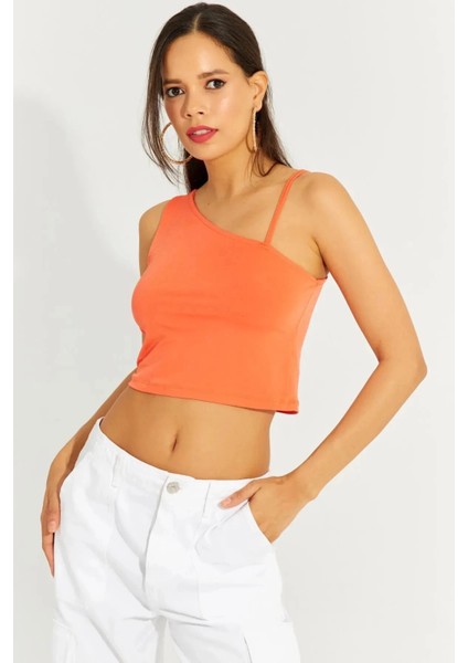Kadın Turuncu Askılı Tek Omuz Likralı Crop Bluz HZL23S-SND120171