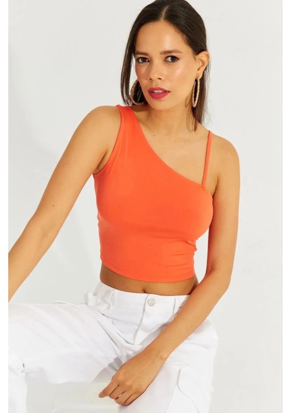 Kadın Turuncu Askılı Tek Omuz Likralı Crop Bluz HZL23S-SND120171 fiyatları