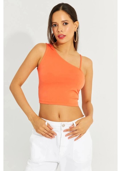 Kadın Turuncu Askılı Tek Omuz Likralı Crop Bluz HZL23S-SND120171 modelleri