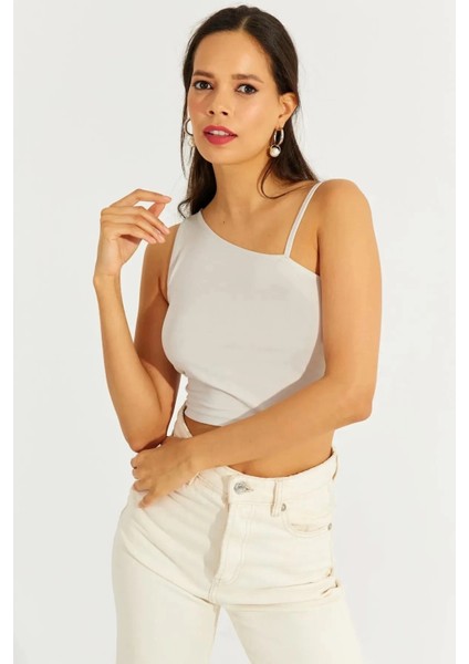 Kadın Bej Askılı Tek Omuz Likralı Crop Bluz HZL23S-SND120171 fiyatları