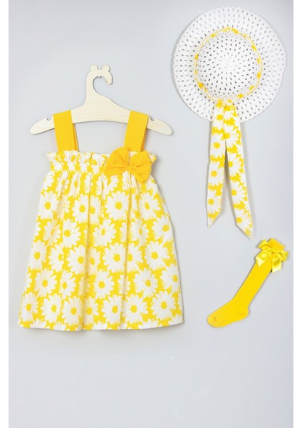 Şapkalı Çiçek Desenli Elbise Dizaltı Fiyonk Çorap Set 010