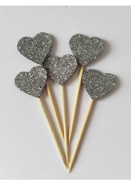 Beyhan Bayhan 25 Adet Dekoratif Eva Kalpli Pasta Kürdanı 6 cm Gümüş - Kalp 2 cm