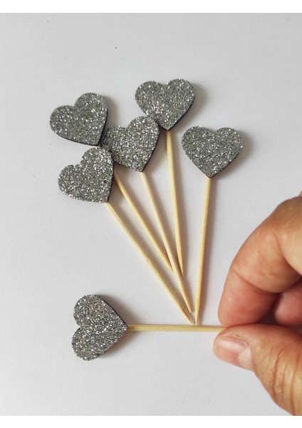 Beyhan Bayhan 25 Adet Dekoratif Eva Kalpli Pasta Kürdanı 6 cm Gümüş - Kalp 2 cm modelleri