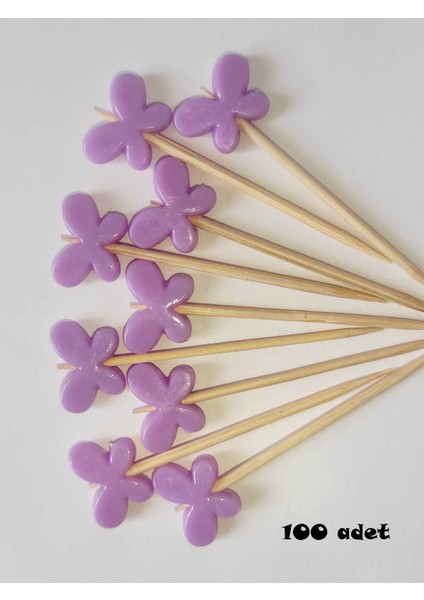 100 Adet Dekoratif Kelebek Boncuklu Cupcake Kürdanı 6 cm Mor - Kelebek 15 mm