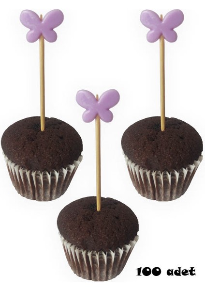 100 Adet Dekoratif Kelebek Boncuklu Cupcake Kürdanı 6 cm Mor - Kelebek 15 mm fiyatları