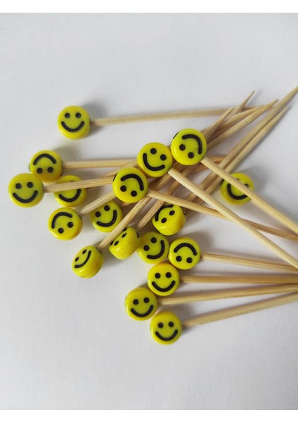 100 Adet Dekoratif Sarı Gülümseyen Surat Boncuklu Pasta Kürdanı 6 cm - Smile 8 mm