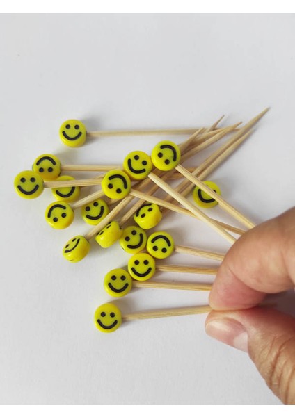 100 Adet Dekoratif Sarı Gülümseyen Surat Boncuklu Pasta Kürdanı 6 cm - Smile 8 mm fiyatları