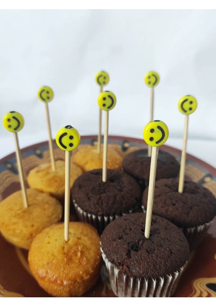 100 Adet Dekoratif Sarı Gülümseyen Surat Boncuklu Pasta Kürdanı 6 cm - Smile 8 mm fırsatları