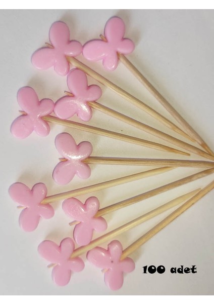 100 Adet Dekoratif Kelebek Boncuklu Pasta Kürdanı 6 cm Pembe - Kelebek 15 mm