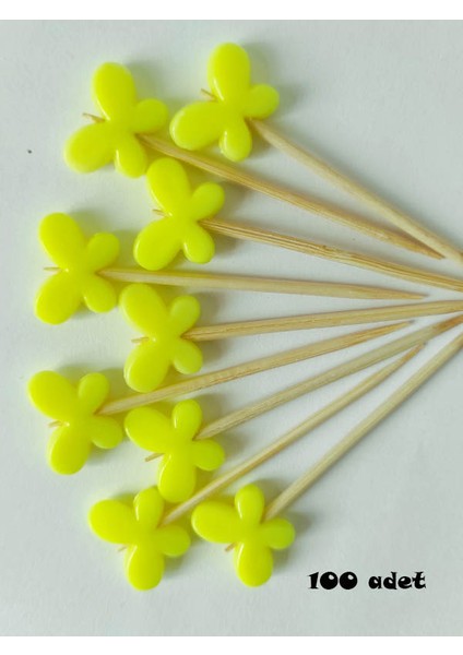 100 Adet Dekoratif Kelebek Boncuklu Sunum Kürdanı 6 cm Sarı - Kelebek 15 mm