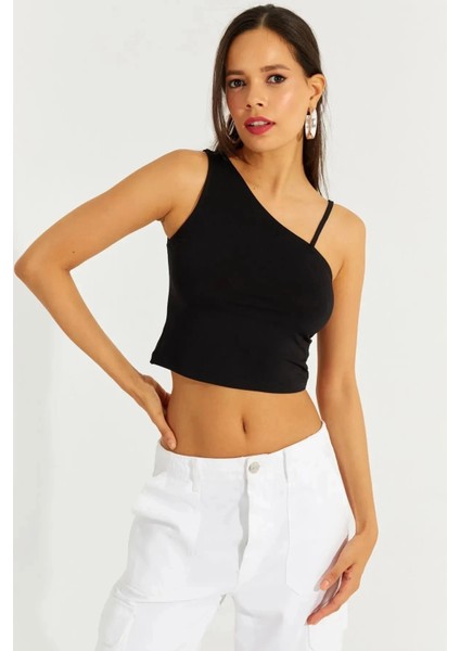 Kadın Siyah Askılı Tek Omuz Likralı Crop Bluz HZL23S-SND120171 fiyatları