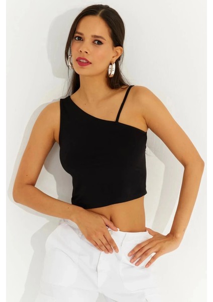 Kadın Siyah Askılı Tek Omuz Likralı Crop Bluz HZL23S-SND120171 modelleri