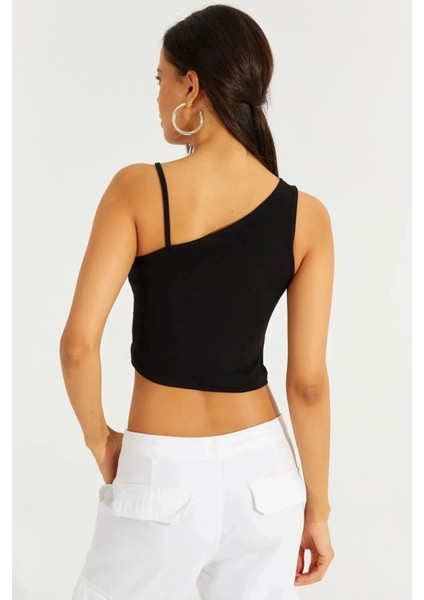 Kadın Siyah Askılı Tek Omuz Likralı Crop Bluz HZL23S-SND120171 fırsatları
